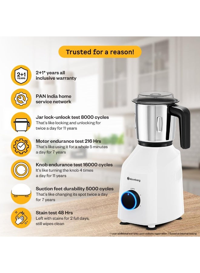 Atomberg Yulia 750 Watt Mixer Grinder | 4 Multipurpose Jars including Chopper Jar | Coarse Mode for Silbatta-like Textures | Powerful Intelligent Motor | Advanced Safety Features | Snow White - Image 3